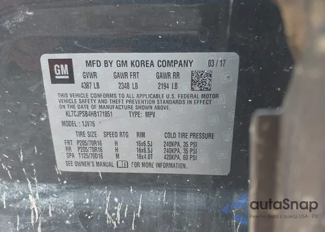 2017 Chevrolet Trax Lt z USA, uszkodzony, nr VIN KL7CJPSB4HB171851